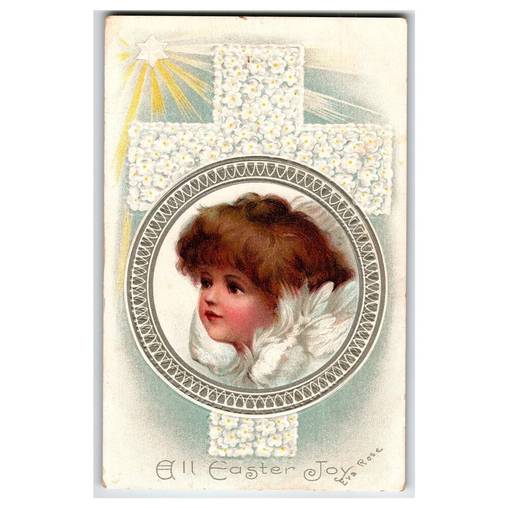 Vintage Embossed Easter Postcard Child Angel Floral Cross "All Easter Joy"